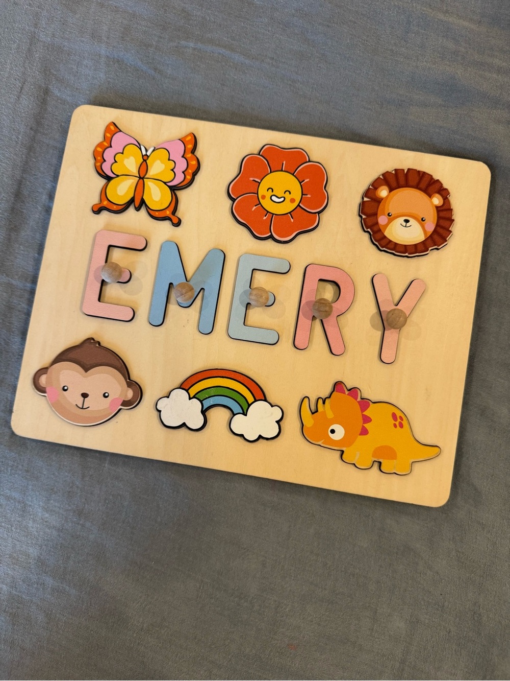 Personalized Wooden Name Puzzle “Emery” with Colorful Animals, Flower & Rainbow